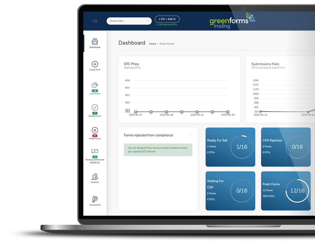 GreenForms Trading Portal Dashboard